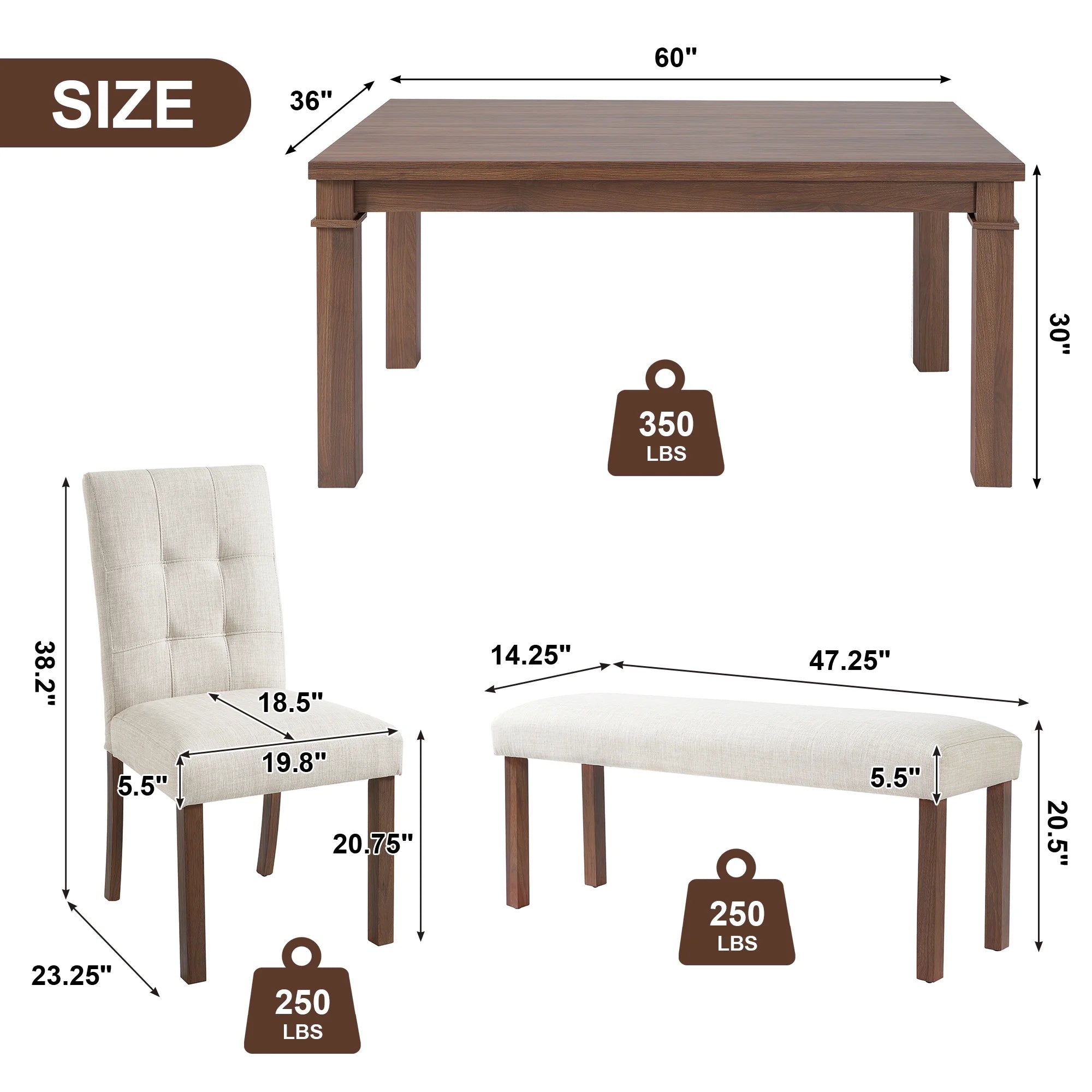 Euroco 6 - Piece Wood Dining Table Set for 6, Modern Rectangular Kitchen Table with 4 Upholstered Chairs & Bench for Kitchen Dining Room, Walnut