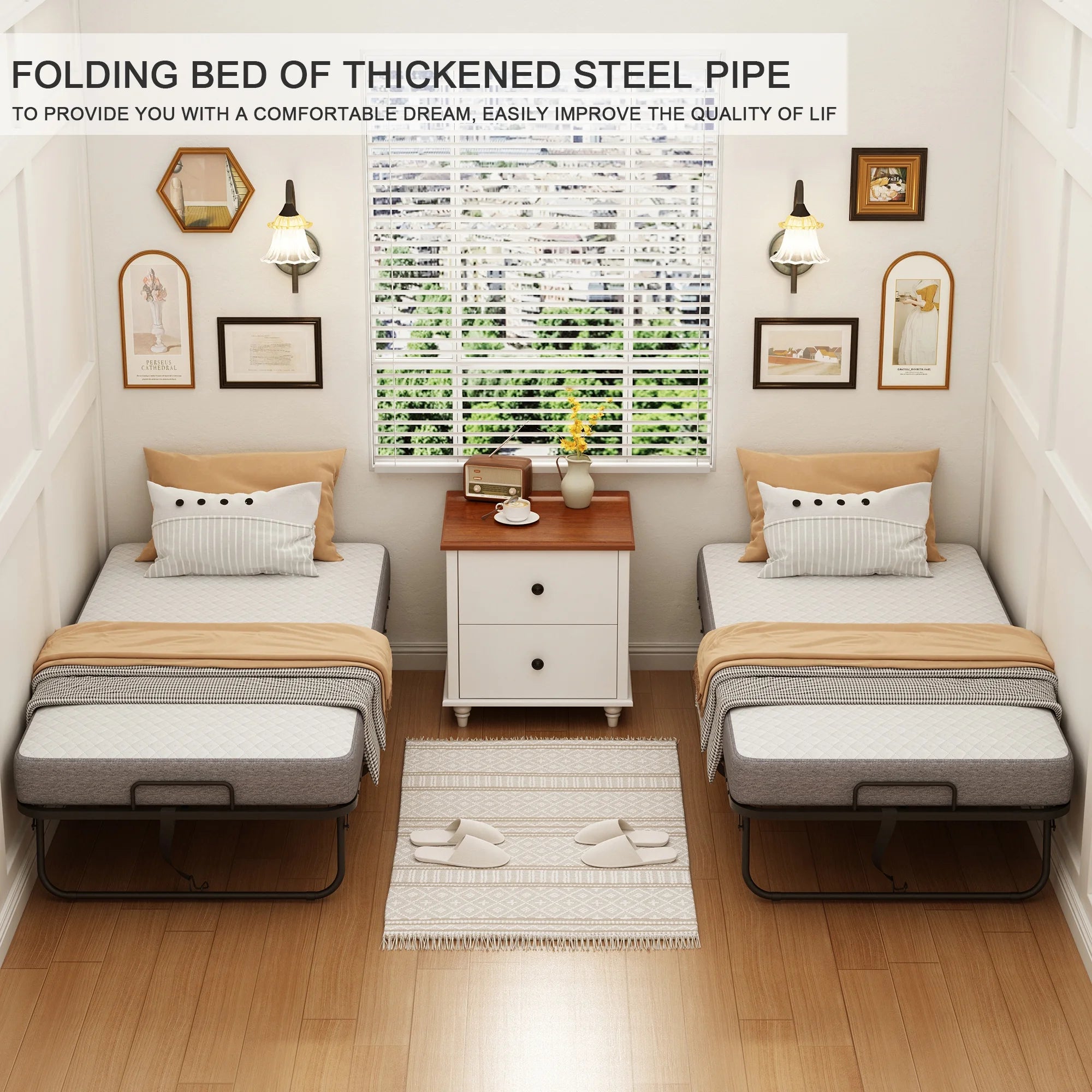 Folding Bed with Mattress 75" x 31" Cot Size Folded Bed, Rollaway Guest Bed Portable Foldable Extra Bed for Adults Daybed with 5" Memory Foam Mattress Space - Saving Sturdy Metal Grid Frame