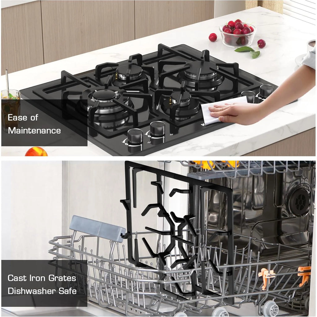 24 in Black Gas Cooktop - Built - in Dual Fuel Natural Gas & Propane Stove - 4 Burner Convertible Cooktop with Thermocouple Protection