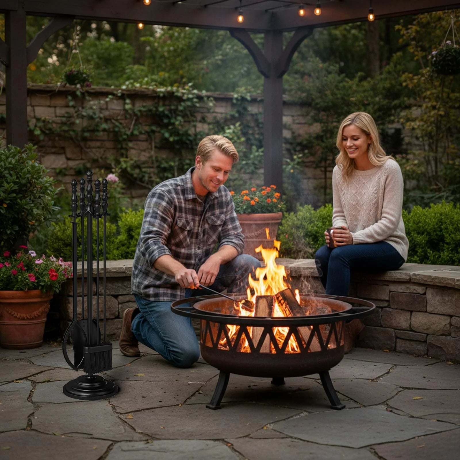 Tangkula 4 in 1 Indoor Outdoor Fire Place Set Tools with Poker