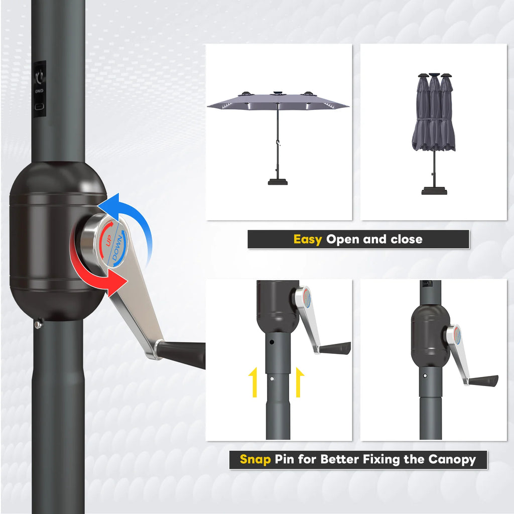 AECOJOY 15ft Patio Double-Sided Umbrella, 156 PCS Solar LED Light Outdoor Large Umbrella, Dark Grey