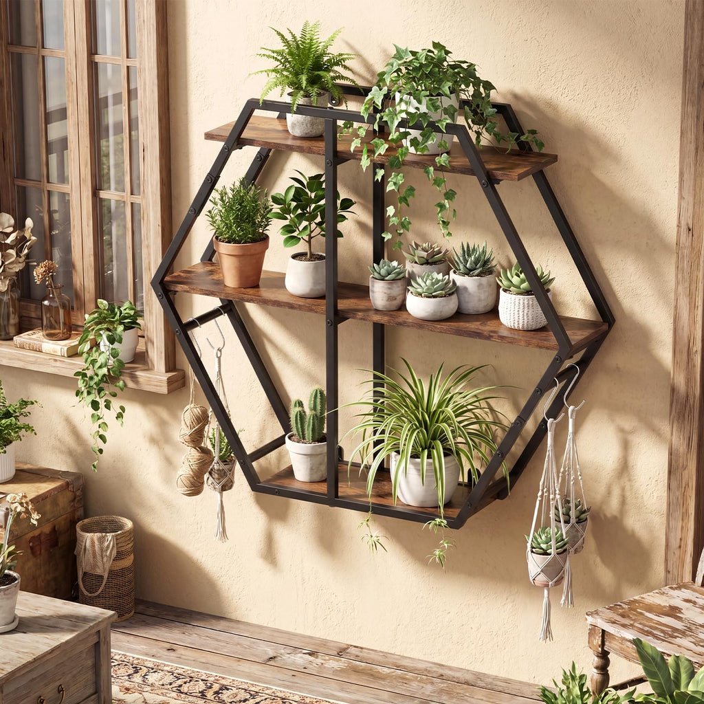 Tangkula Hexagon Wall Shelf with 4 S-Shaped Hooks & Heavy Duty Metal Frame