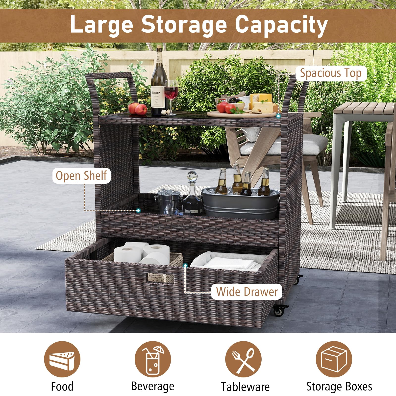 Tangkula Outdoor Rolling Wicker Bar Cart with Tempered Glass Top