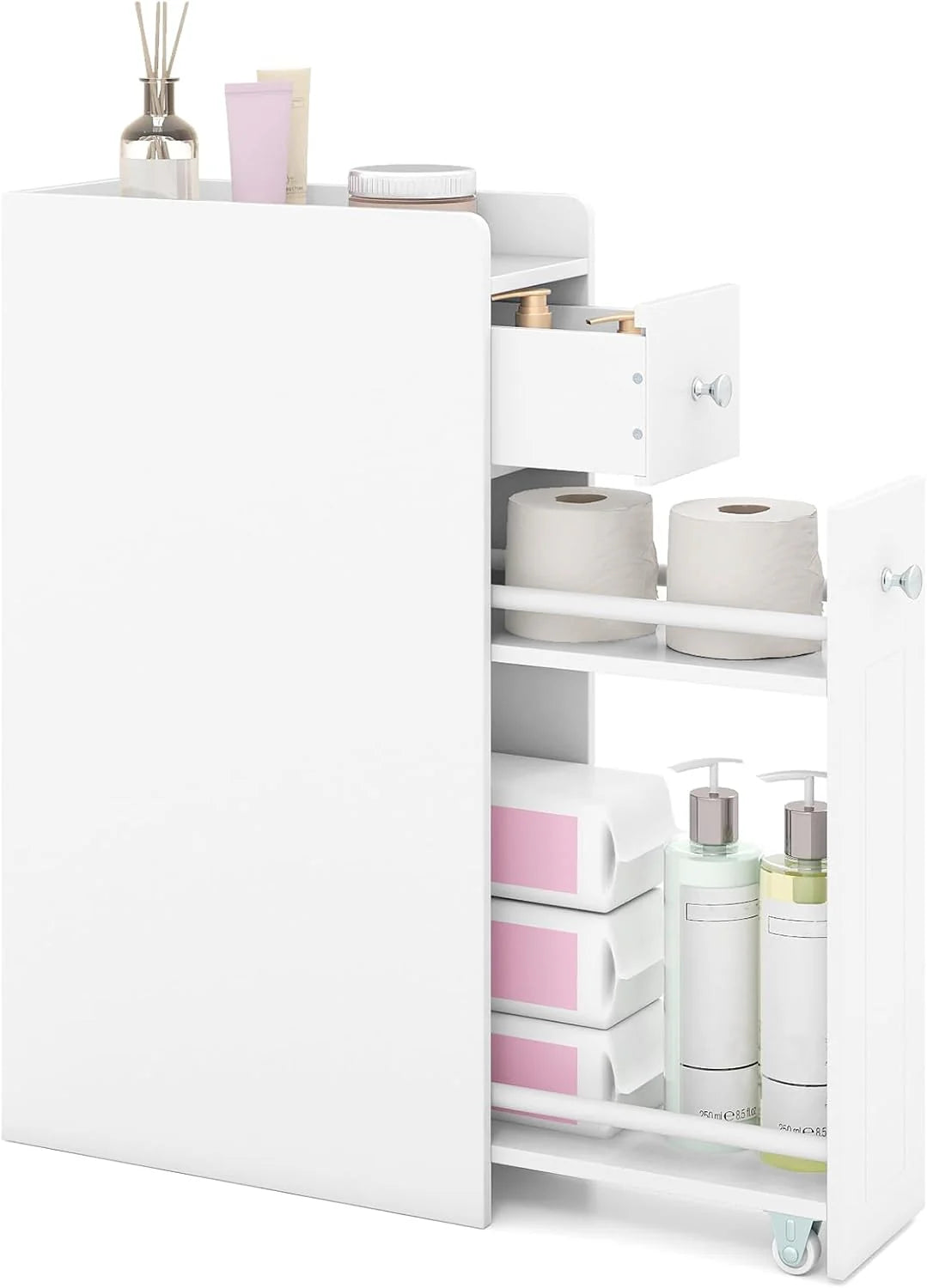 Tangkula Small Bathroom Storage Cabinet 4-Tier with Slide Out Drawers on Casters