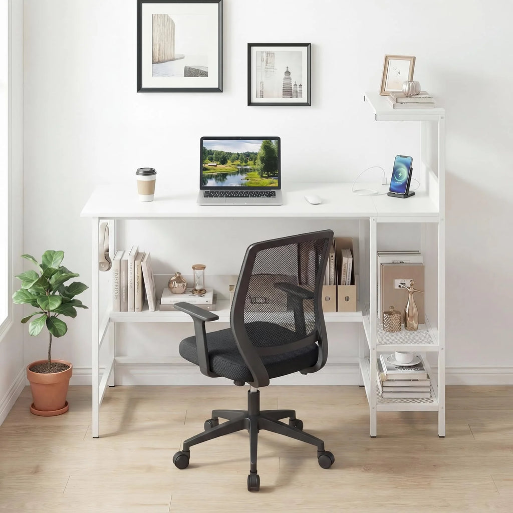 Tangkula 48" Reversible Computer Desk with Bookshelves & Power Outlets