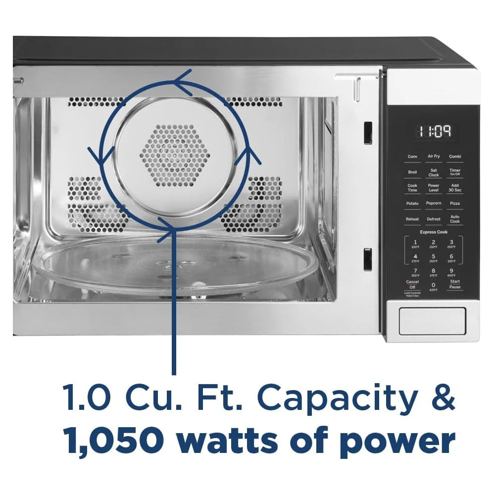 Open Box GE 3 - in - 1 Microwave Oven, 1, 050 Watts Air Fryer, Broiler and Convection Mode, Child - Lock Technology, Kitchen Essentials for the Countertop or Dorm Room, 1.0 Cu. Ft., Stainless Steel