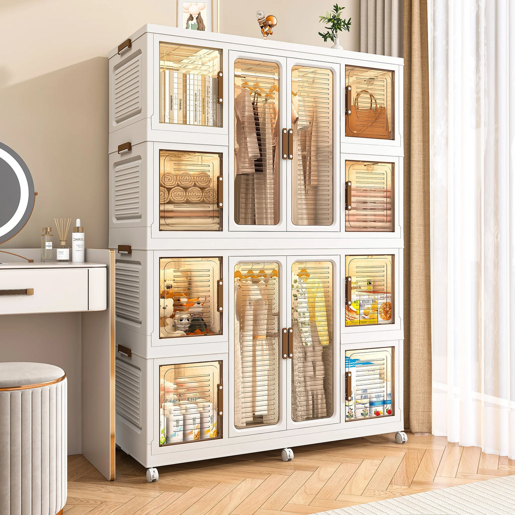Montary Kids Portable Wardrobe W/ Magnetic Doors & Hanging Rod - 4 - Cube Plastic Storage Cabinet, Nursery/Bedroom