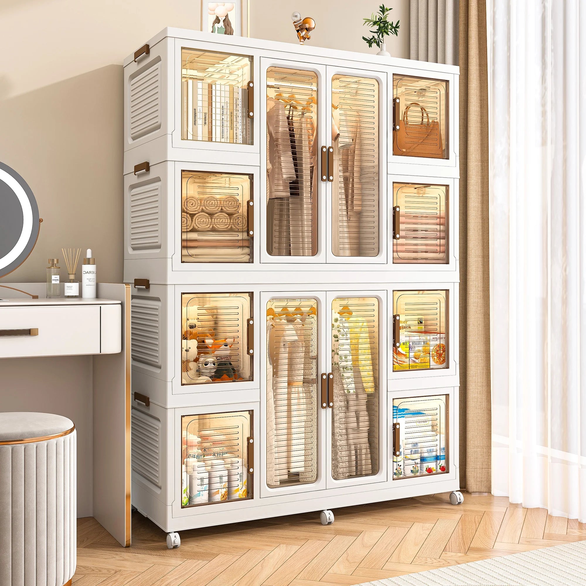 Montary Kids Portable Wardrobe W/ Magnetic Doors & Hanging Rod - 4 - Cube Plastic Storage Cabinet, Nursery/Bedroom