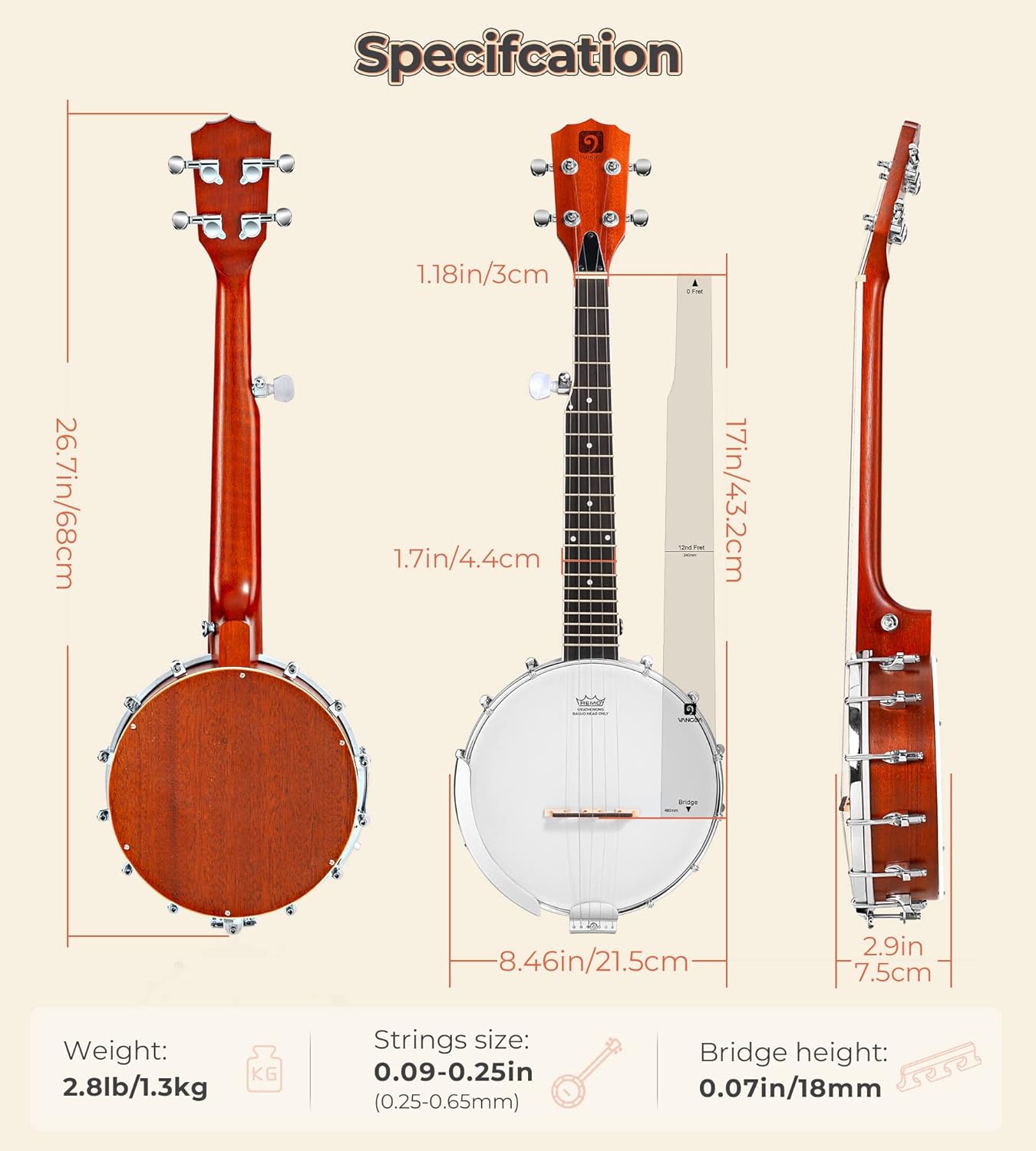 Banjo 5 String Full Size Banjos Set with Resonator. Remo Head. Beginner Banjo Kit with Closed Back. Premium Accessories for Adults. Teenager