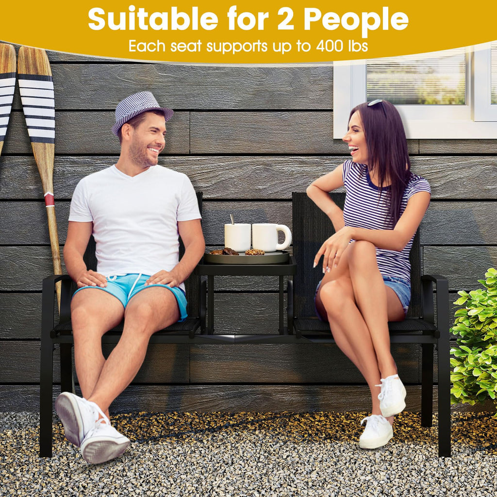 Tangkula Patio Loveseat with Built-in Table with Breathable Fabric Back