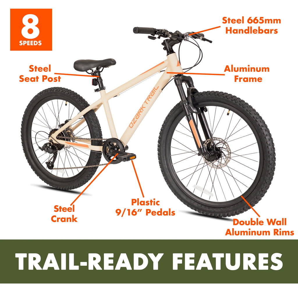 24" Ozark Trail Vibe Mountain Bicycle, 8 Speed, Black, Fits Riders 4'6" - 5'6", Teen