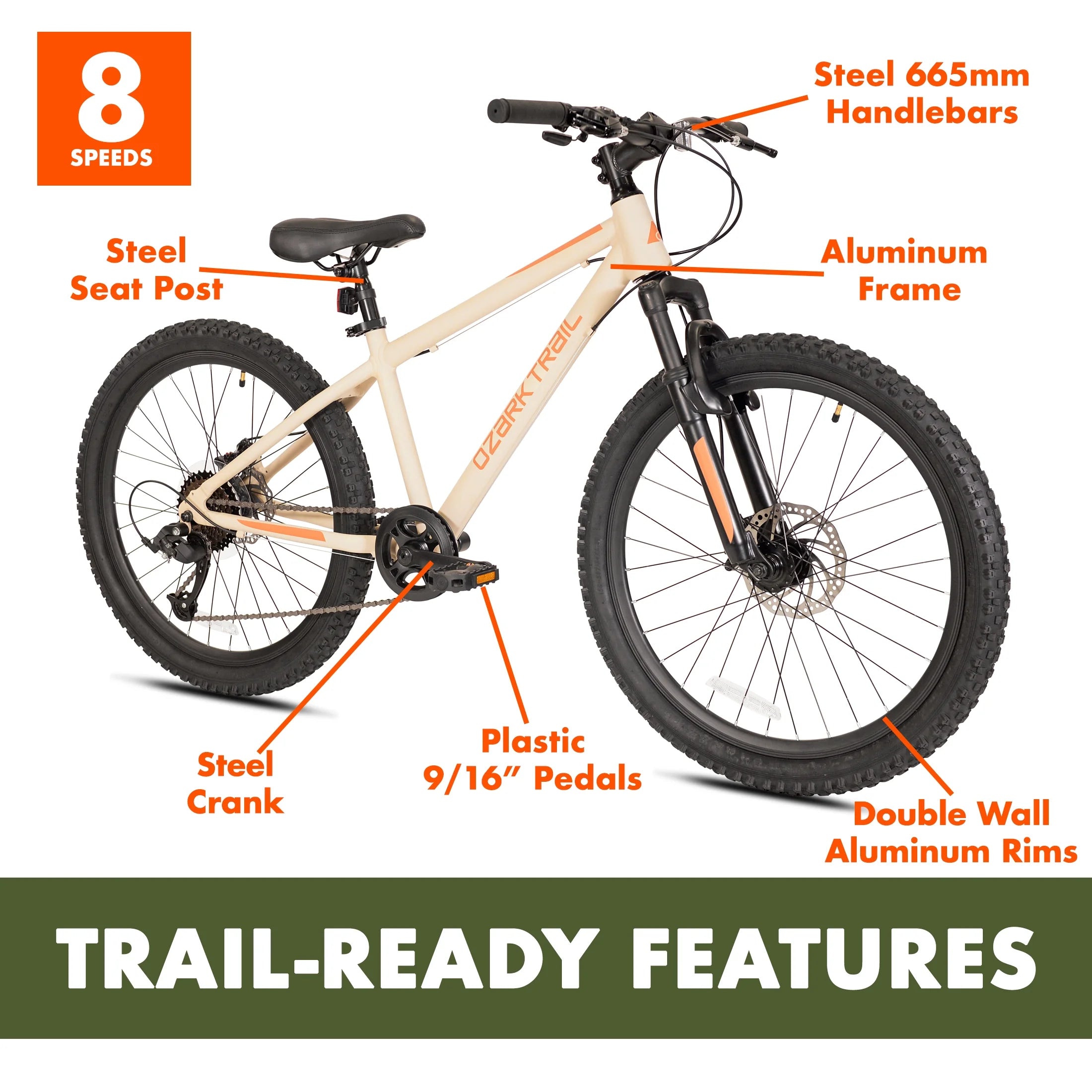 24" Ozark Trail Vibe Mountain Bicycle, 8 Speed, Black, Fits Riders 4'6" - 5'6", Teen