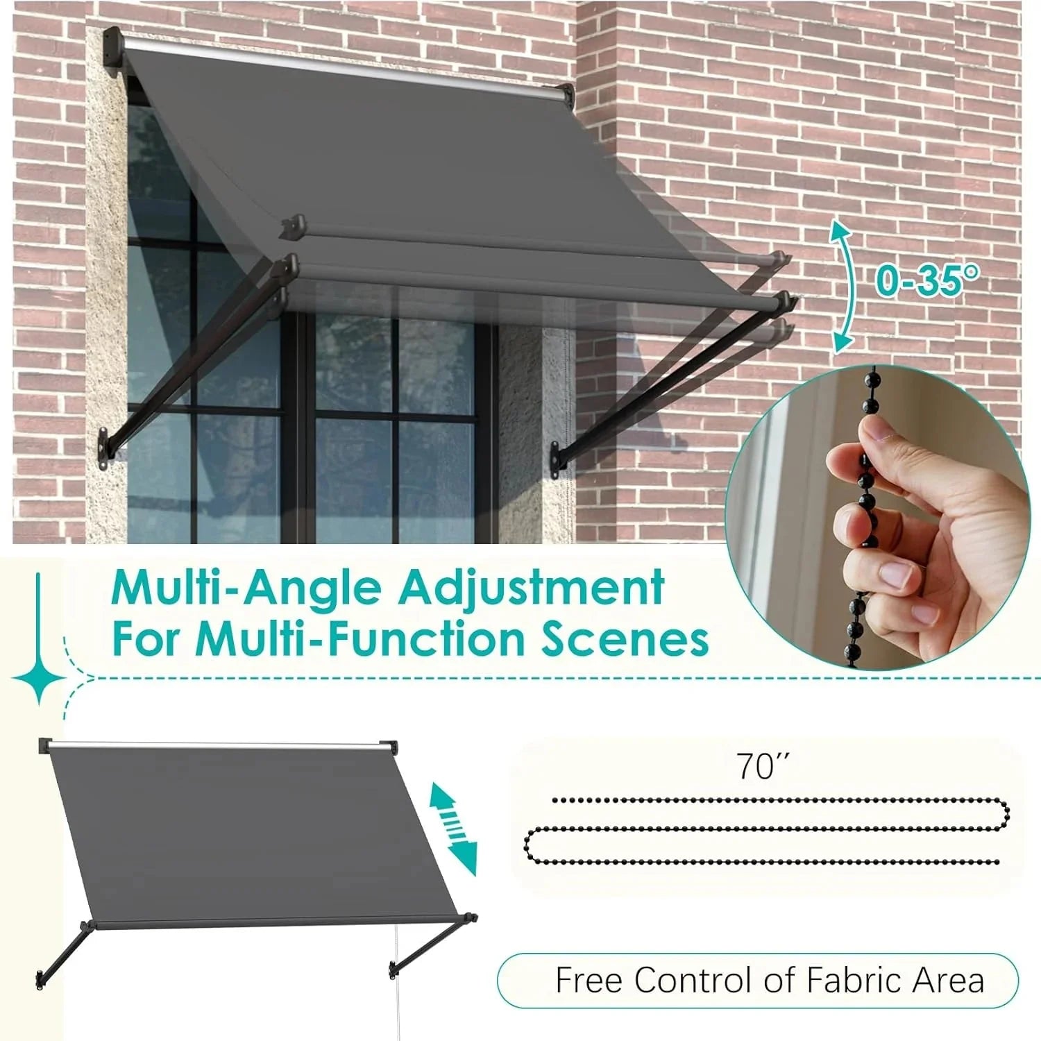 AECOJOY Retractable Awning, 65"x80" Manual Outdoor Awnings for Door Entrance, Sun Shade Canopy