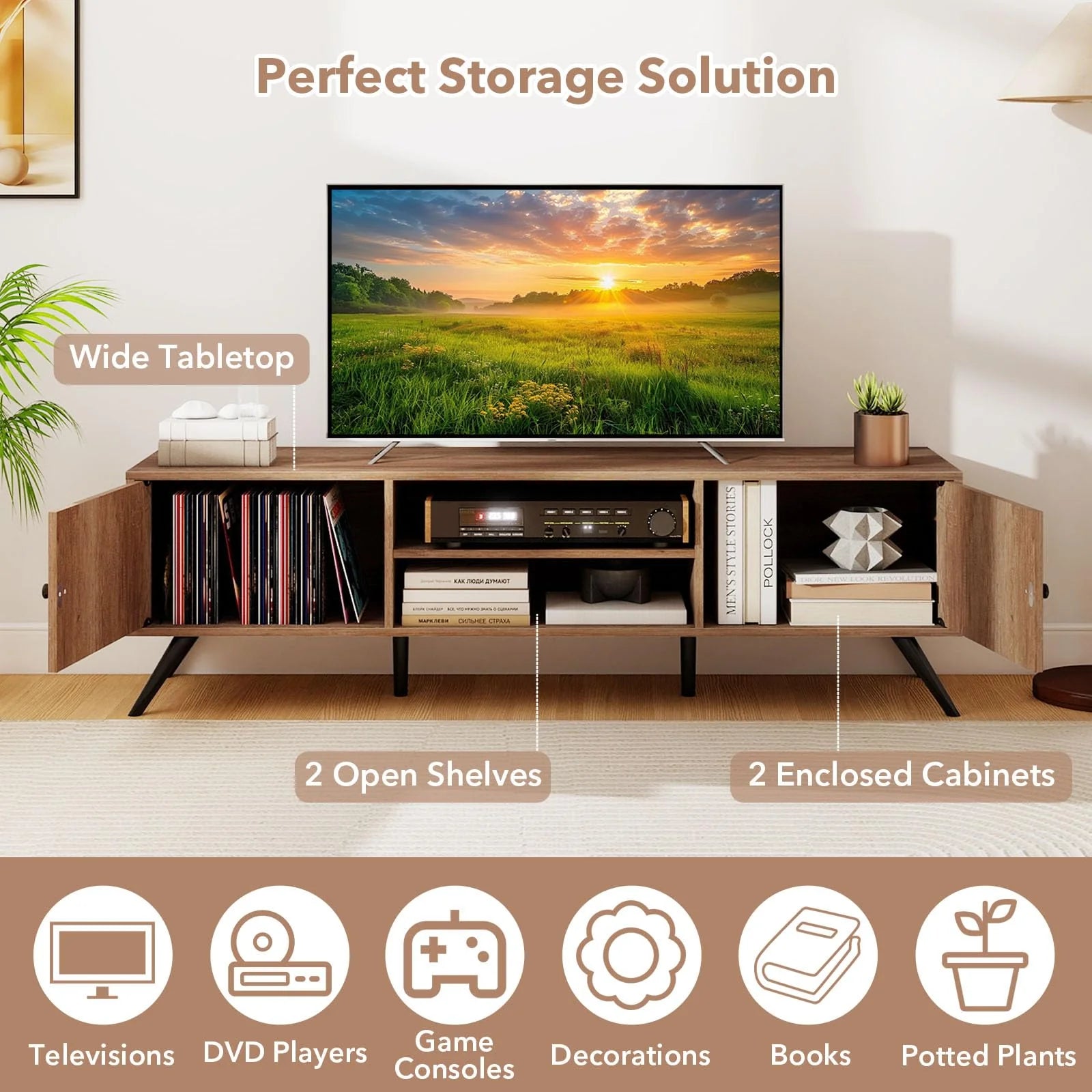 Tangkula 2-Door TV Stand for TVs up to 65 Inch with Open Shelves