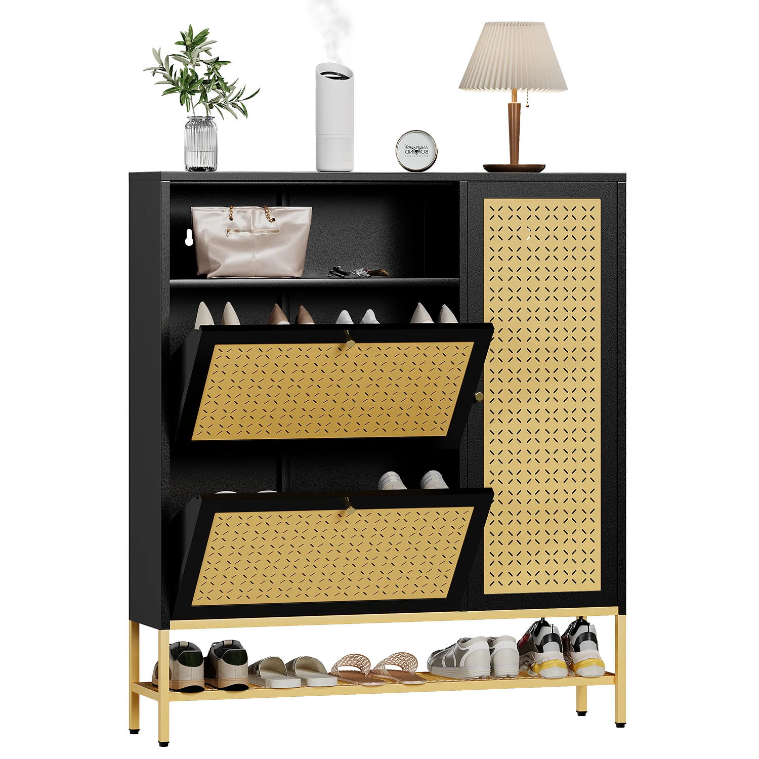 AECOJOY Shoe Storage Cabinet with 2 Flip Drawers - Hidden Shoe Organizer for Entryway, Metal Shoe Rack with Door & Open Storage