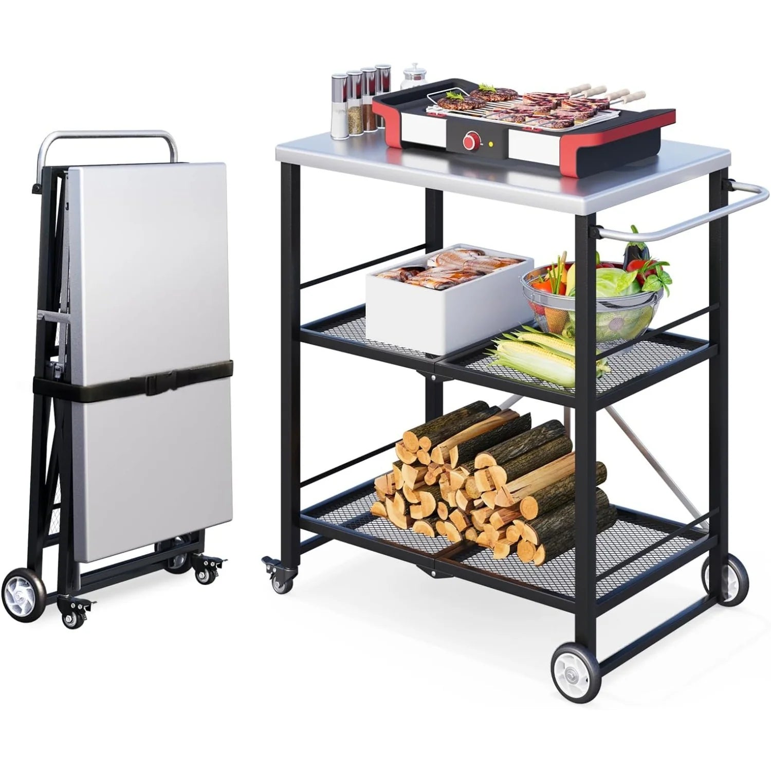 AECOJOY Outdoor Grill Cart Table, Stainless Steel Pizza Oven Stand Trolley Table with Wheels & Handle, Silver