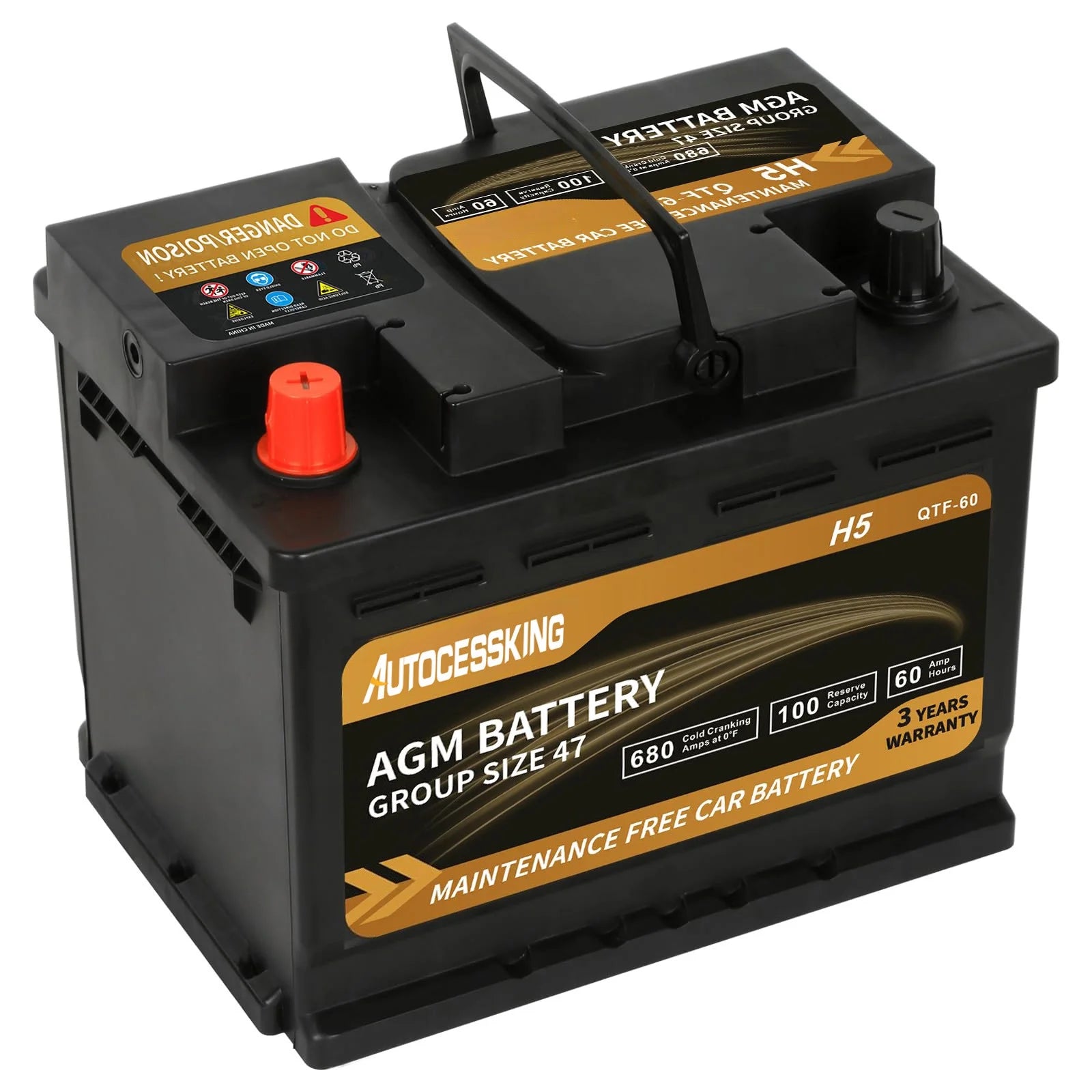 Autocessking Platinum AGM Battery, Group 47 Rechargeable Automotive Batteries for Car, 12V H5 680CCA 60ah 100RC