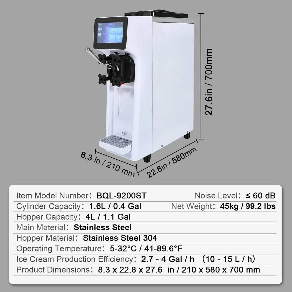 KFFKFF Commercial Ice Cream Machine 2.7 - 4gal/10 - 15 L/H 4 L Hopper Single Flavor Countertop Soft Serve Ice Cream Maker Auto Clean Pre - Cooling