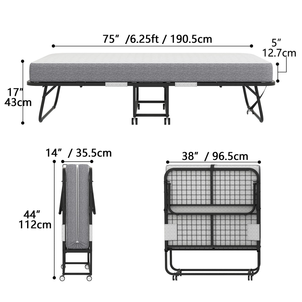 Folding Bed with Mattress 75" x 31" Cot Size Folded Bed, Rollaway Guest Bed Portable Foldable Extra Bed for Adults Daybed with 5" Memory Foam Mattress Space - Saving Sturdy Metal Grid Frame