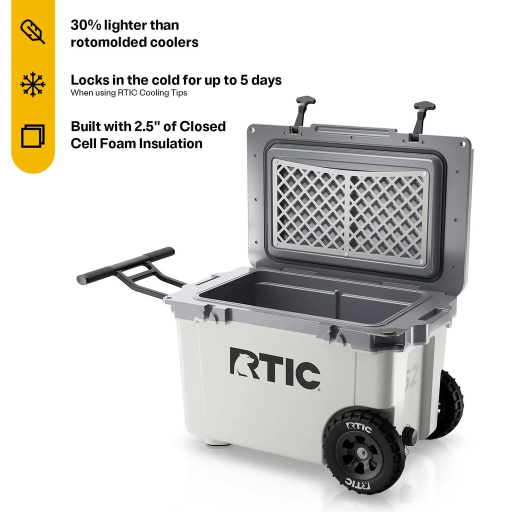 RTIC 52 QT Ultra - Light Wheeled Hard - Sided Ice Chest Cooler, Fits 78 Cans, White & Grey