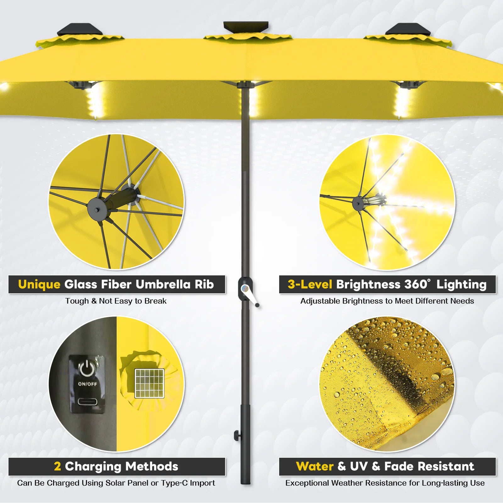 AECOJOY 15ft Patio Double-Sided Umbrella, 156 PCS Solar LED Light Outdoor Large Umbrella, Yellow