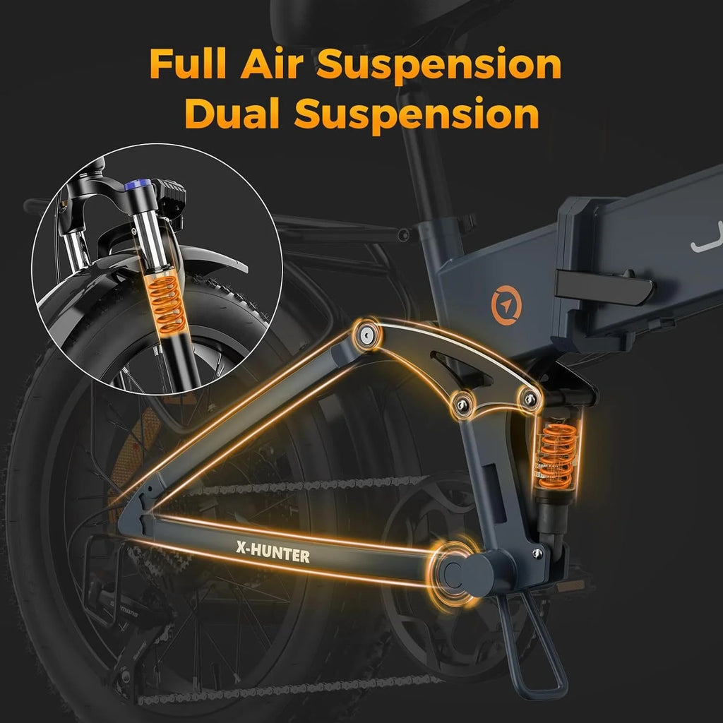 Jasion X - Hunter Electric Bike for Adults, 750W Motor Electric Bicycle with 48V 13AH Removable Battery, 20" X4.0 Fat Tire Folding Ebike, Full Suspension, 7 - Speed Bicycles