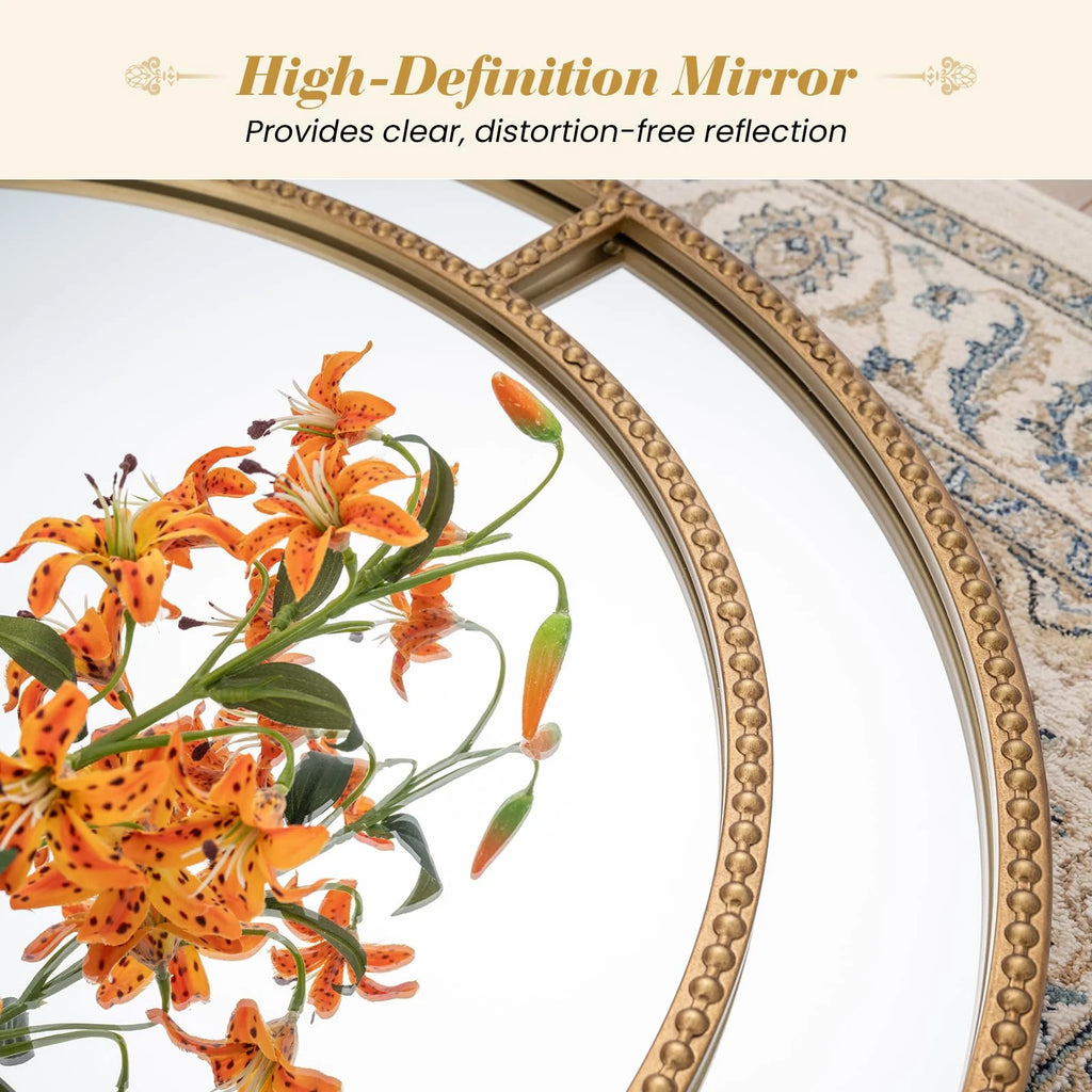 Tangkula 28" Gold Round Wall Mirror | Circle Decorative Modern with Beaded Frame for Living Room
