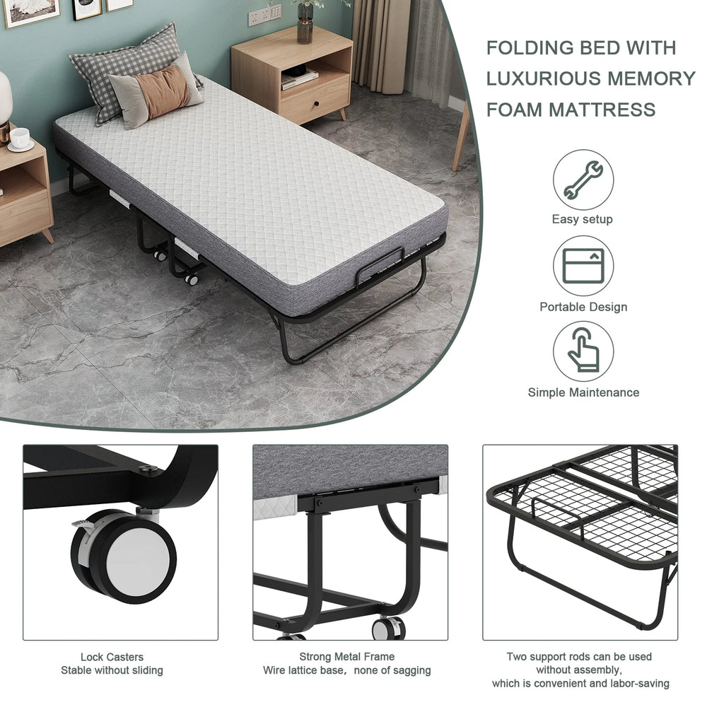 Folding Bed with Mattress 75" x 31" Cot Size Folded Bed, Rollaway Guest Bed Portable Foldable Extra Bed for Adults Daybed with 5" Memory Foam Mattress Space - Saving Sturdy Metal Grid Frame