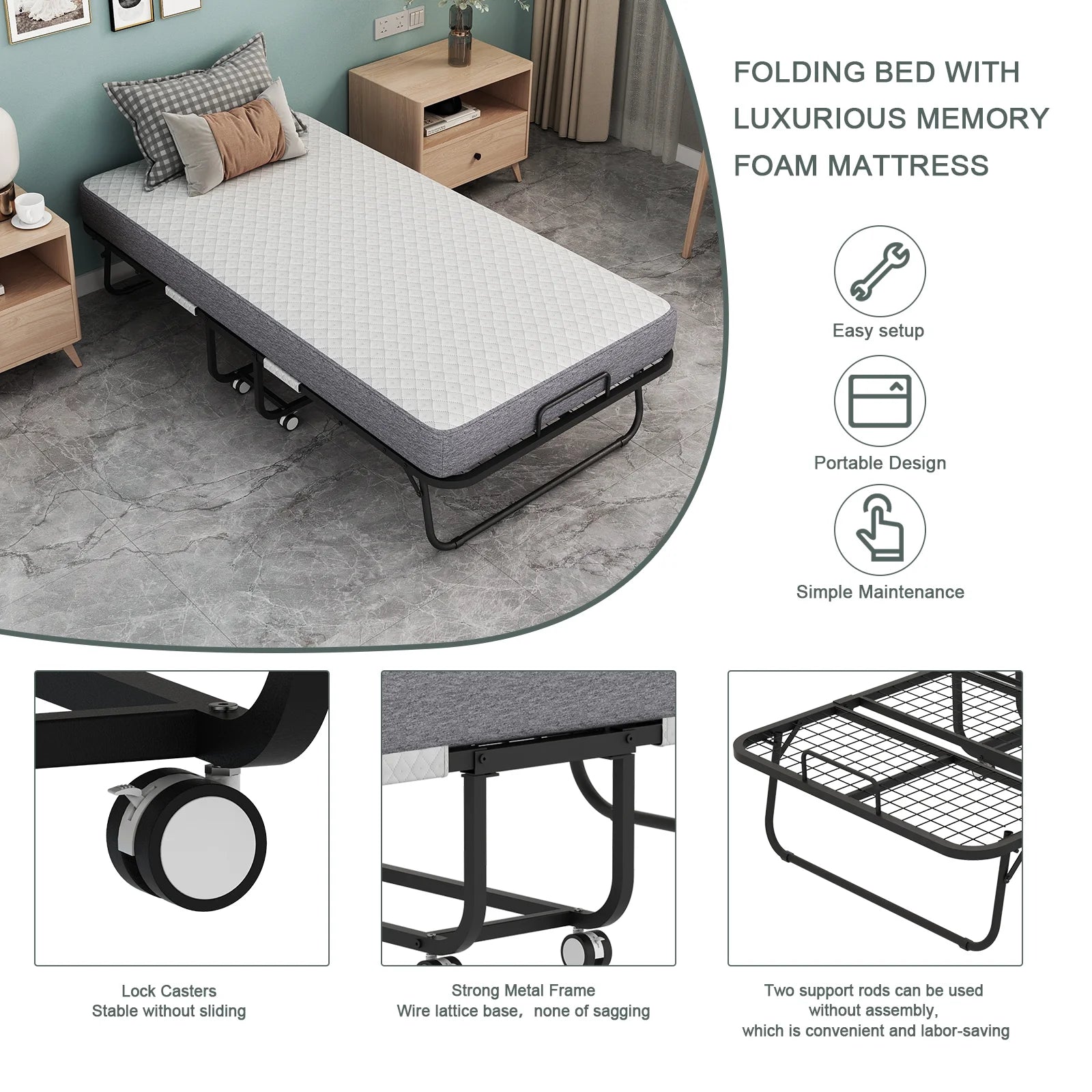 Folding Bed with Mattress 75" x 31" Cot Size Folded Bed, Rollaway Guest Bed Portable Foldable Extra Bed for Adults Daybed with 5" Memory Foam Mattress Space - Saving Sturdy Metal Grid Frame