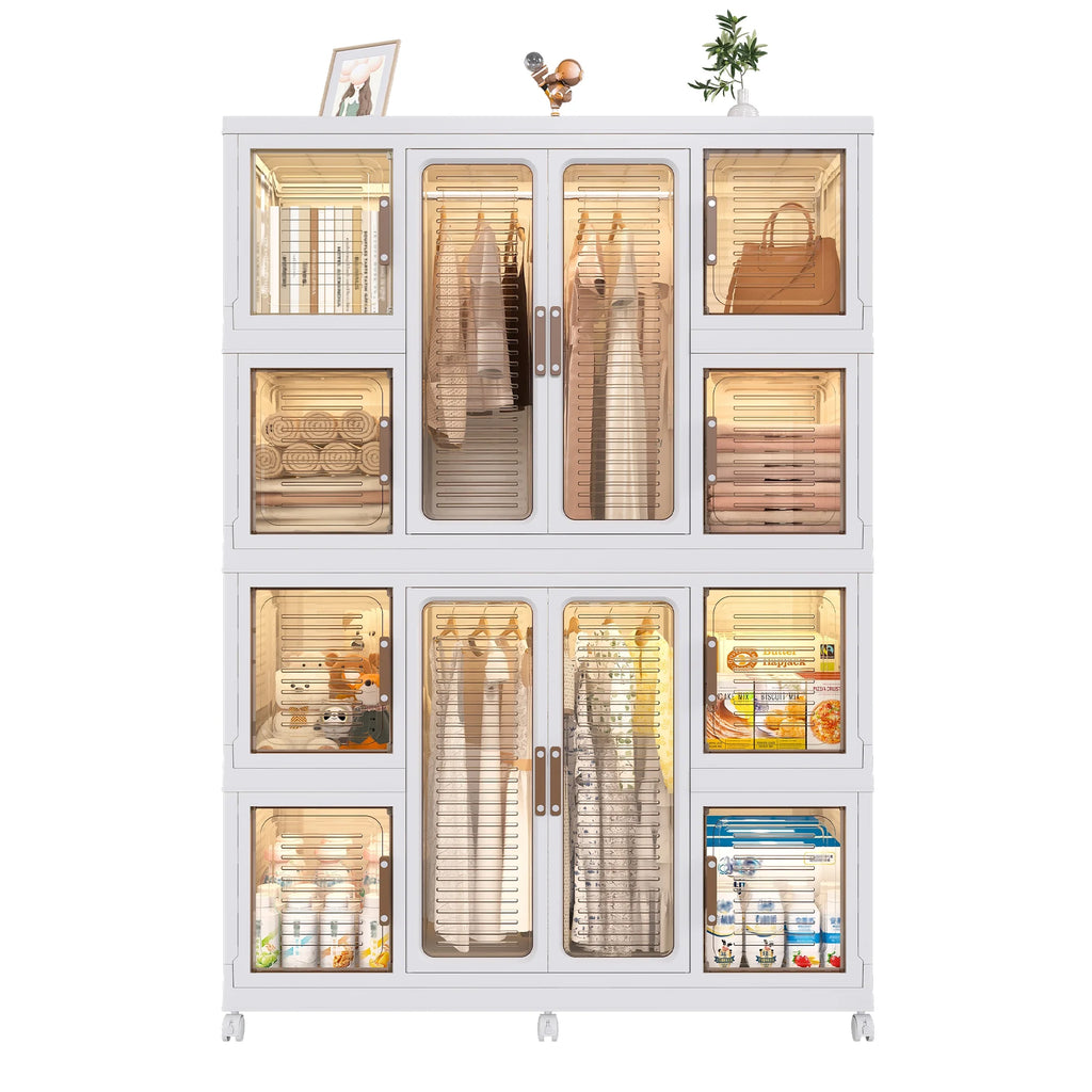 Montary Kids Portable Wardrobe W/ Magnetic Doors & Hanging Rod - 4 - Cube Plastic Storage Cabinet, Nursery/Bedroom