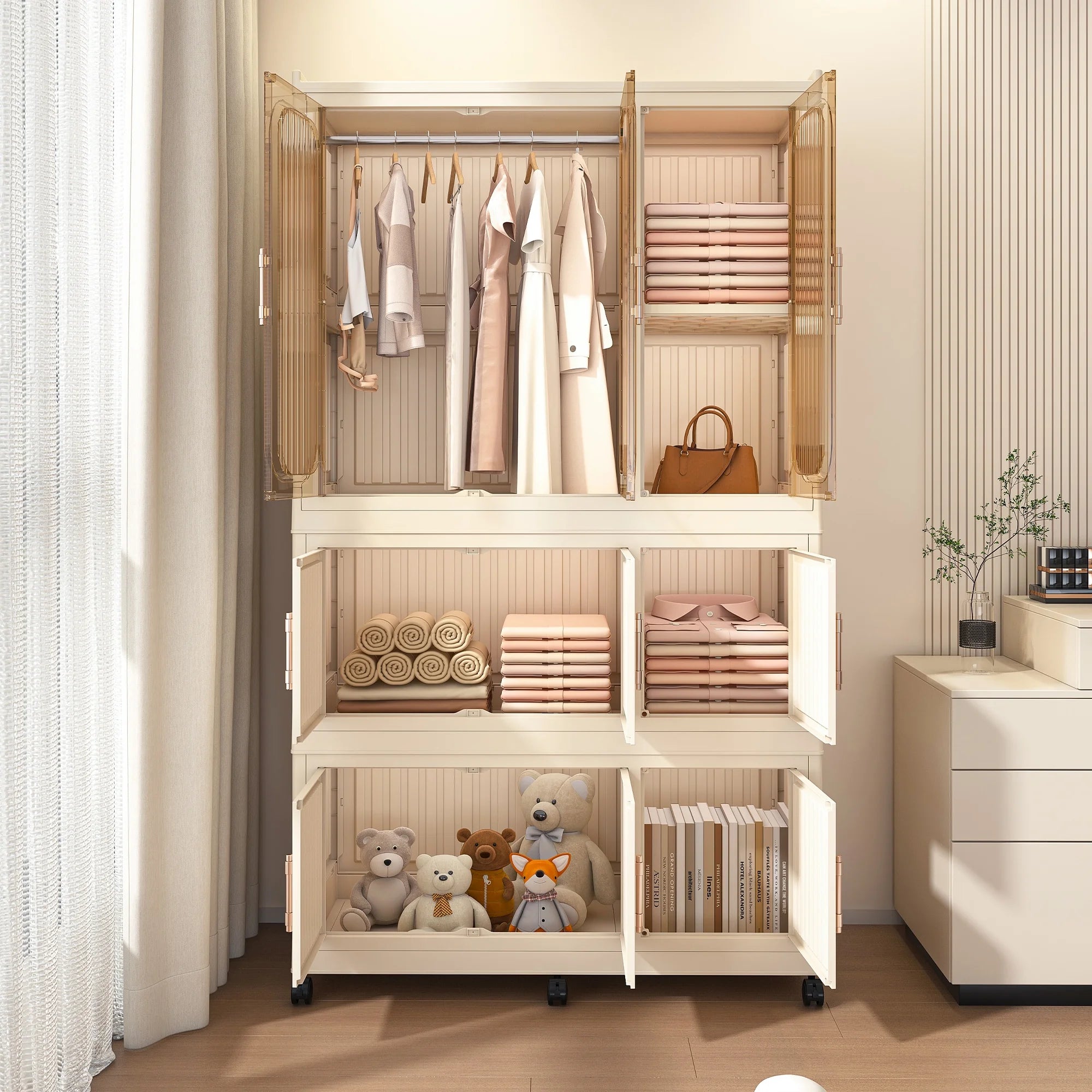 Montary Kids Portable Wardrobe W/ Magnetic Doors & Hanging Rod - 4 - Cube Plastic Storage Cabinet, Nursery/Bedroom