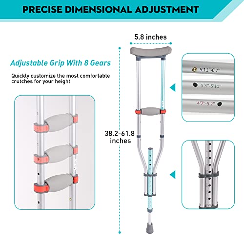 1 Pair Folding Aluminum Underarm Crutches for Adults and Teenager, 8 Adjustable Height for 4'7" to 6'7", 300 LBS Capacity Lightweight Adjustable Crutches with Underarm Pads, Great for Travel or Work