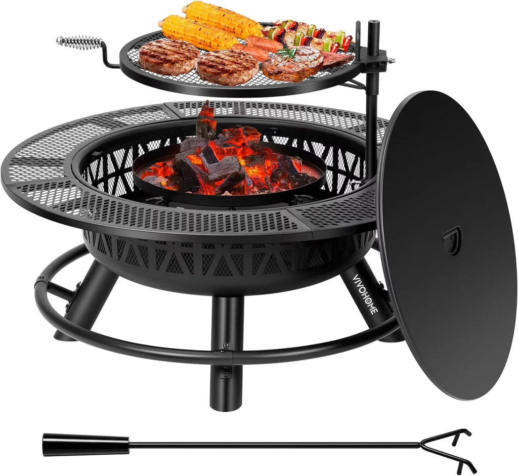 SPECSTAR 3 - in - 1 Fire Pit35 in Wood Burning Firepits with Cooking Grill Grate & Charcoal Pan & Cover Lid, Metal Table for Backyard Bonfire BBQ Outdoor Camping Picnic