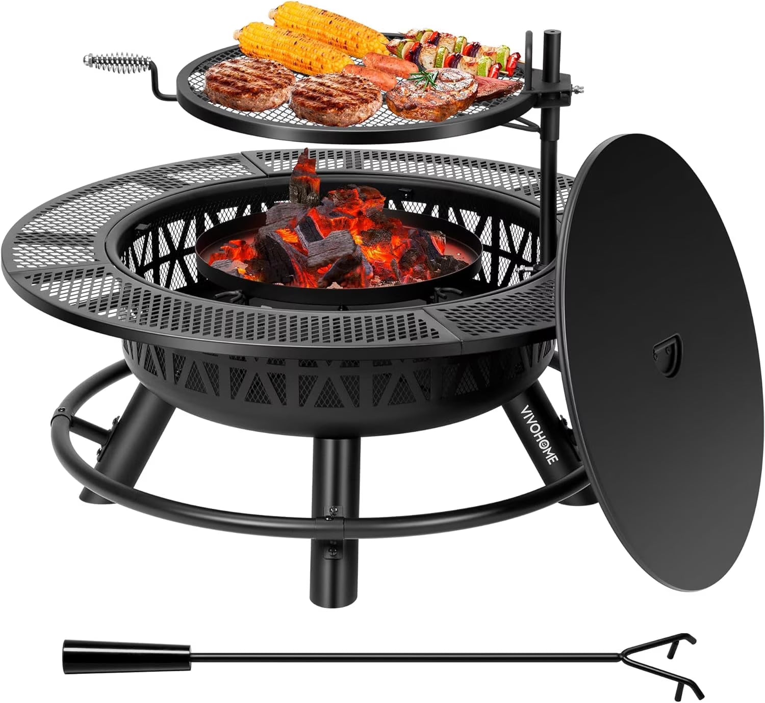 SPECSTAR 3 - in - 1 Fire Pit35 in Wood Burning Firepits with Cooking Grill Grate & Charcoal Pan & Cover Lid, Metal Table for Backyard Bonfire BBQ Outdoor Camping Picnic