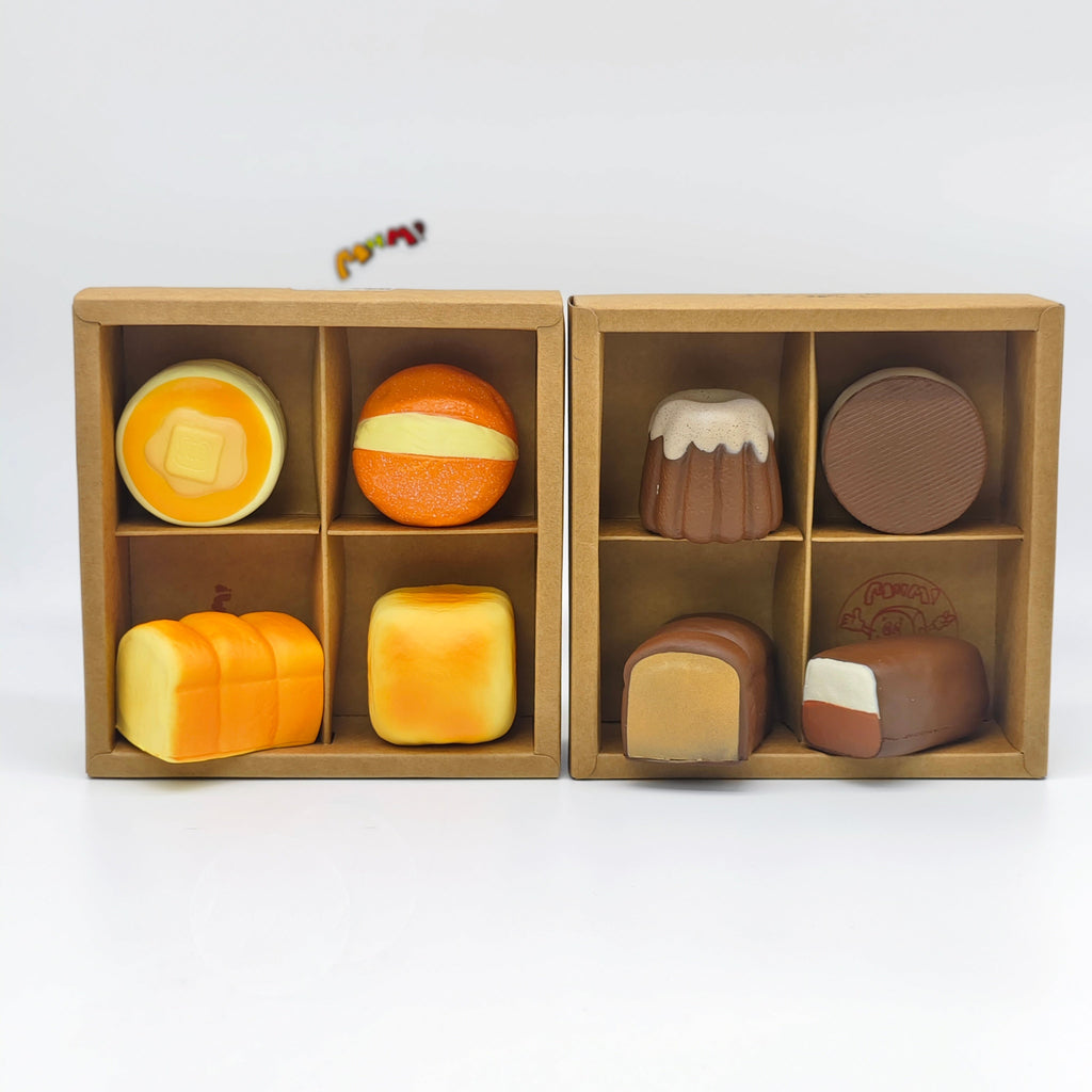 🍫🍞 2-Set 4-grid Mini Bread Squishy Combo | Chocolate & Original Bakery Themed Slow Rising Stress Relief Toy