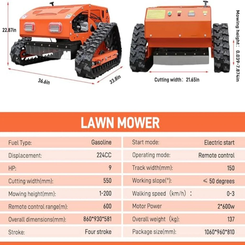 Machpro 300 lb 9 HP Orange Remote Control Lawn, Mower Manganese Steel Blade, Adjustable Cutting Height, Speed, All-Terrain Cordless Grass Cutter