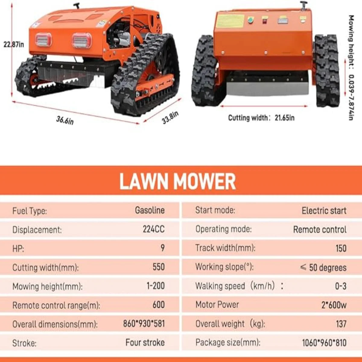 Machpro 300 lb 9 HP Orange Remote Control Lawn, Mower Manganese Steel Blade, Adjustable Cutting Height, Speed, All-Terrain Cordless Grass Cutter
