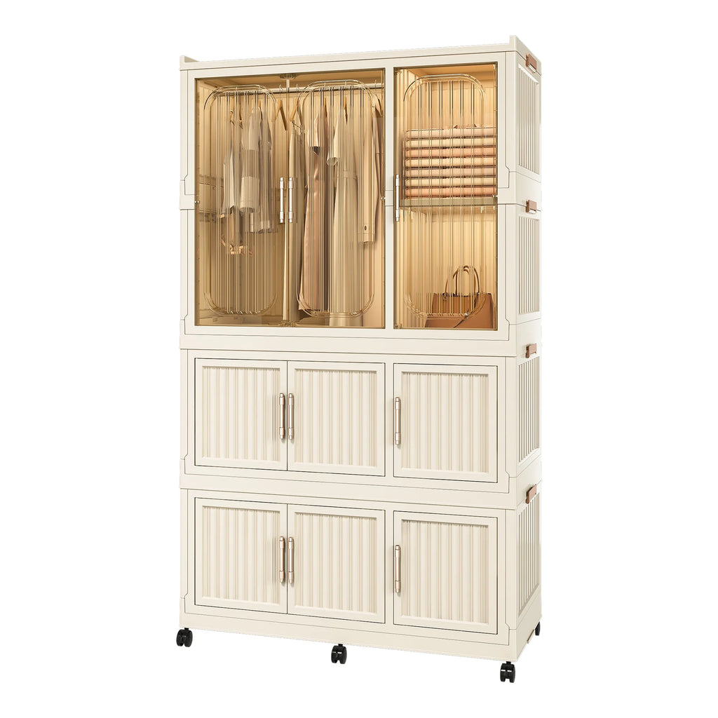 Montary Kids Portable Wardrobe W/ Magnetic Doors & Hanging Rod - 4 - Cube Plastic Storage Cabinet, Nursery/Bedroom