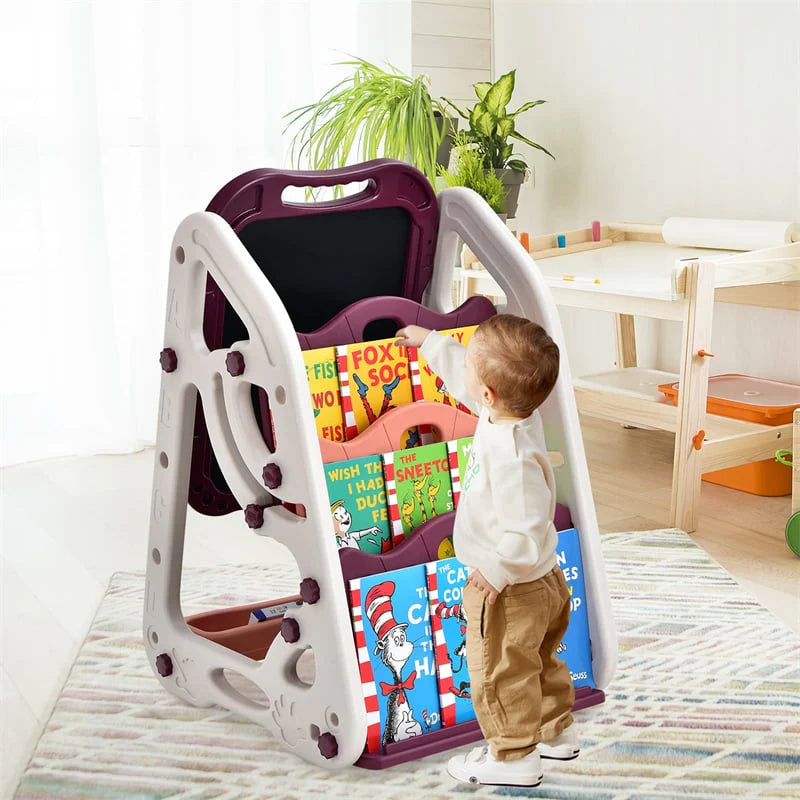 3-in-1 Kids Art Easel Double-Sided Magnetic Whiteboard & Chalkboard with Book Rack, Height Adjustable Standing Book Shelf Art Easel for Toddlers