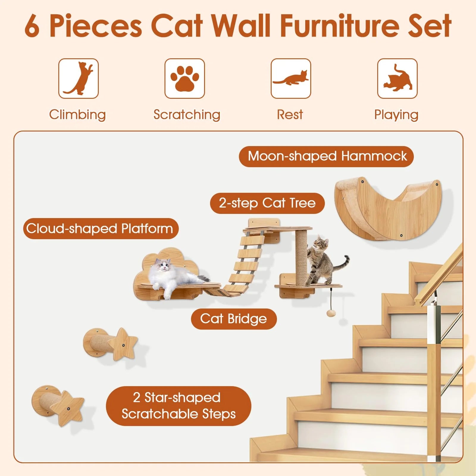 Tangkula Cat Wall Furniture Set Kitten Wall Mounted Shelves with Hammock