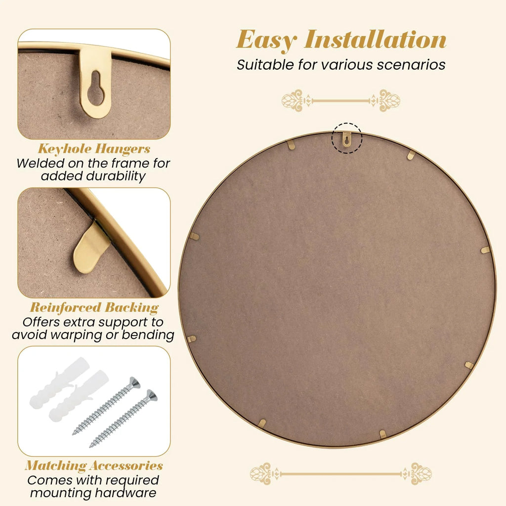 Tangkula 28" Gold Round Wall Mirror | Circle Decorative Modern with Beaded Frame for Living Room