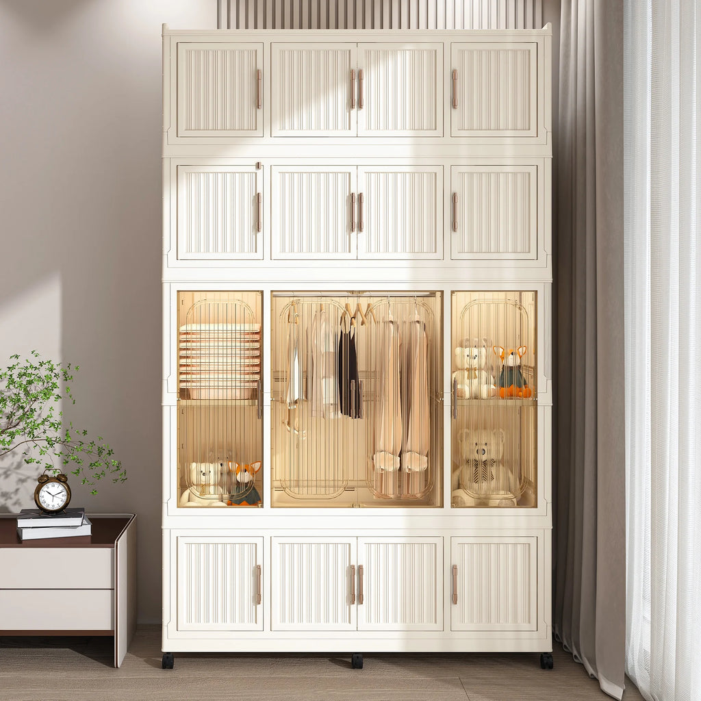 Montary Kids Portable Wardrobe W/ Magnetic Doors & Hanging Rod - 4 - Cube Plastic Storage Cabinet, Nursery/Bedroom