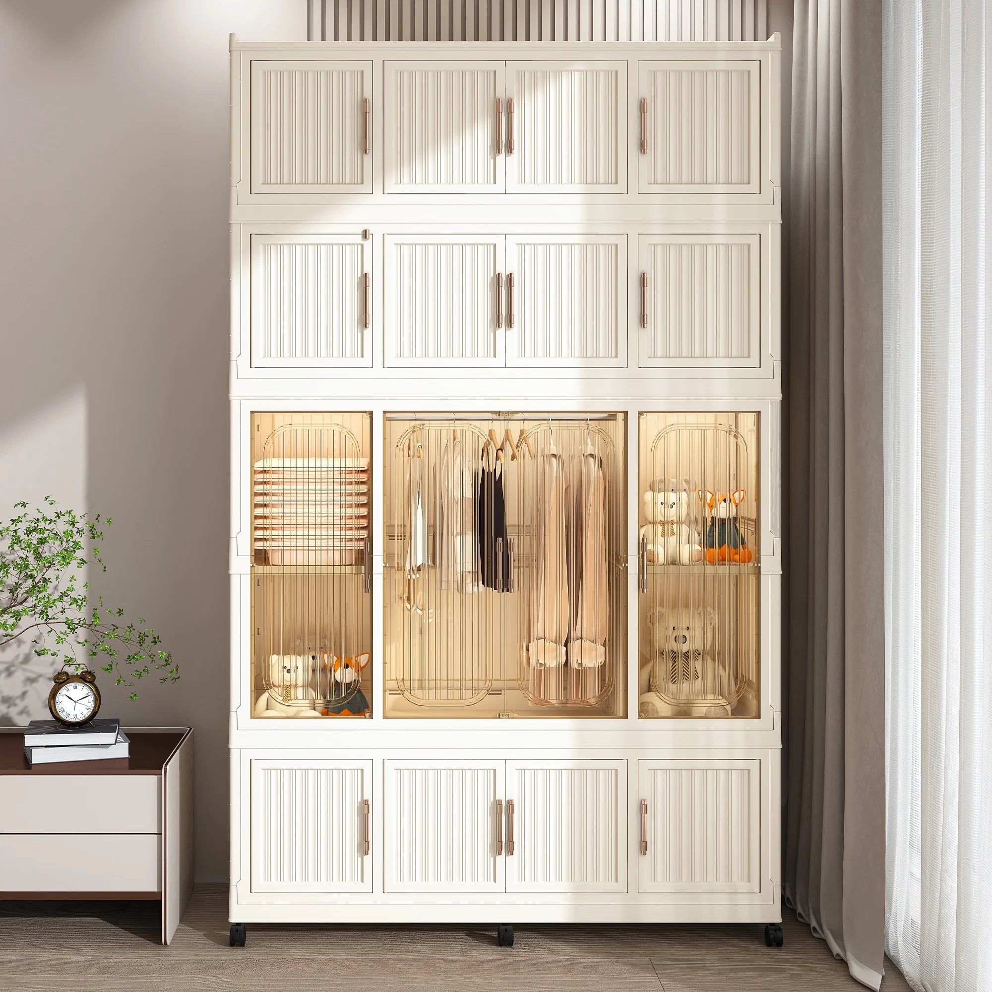 Montary Kids Portable Wardrobe W/ Magnetic Doors & Hanging Rod - 4 - Cube Plastic Storage Cabinet, Nursery/Bedroom