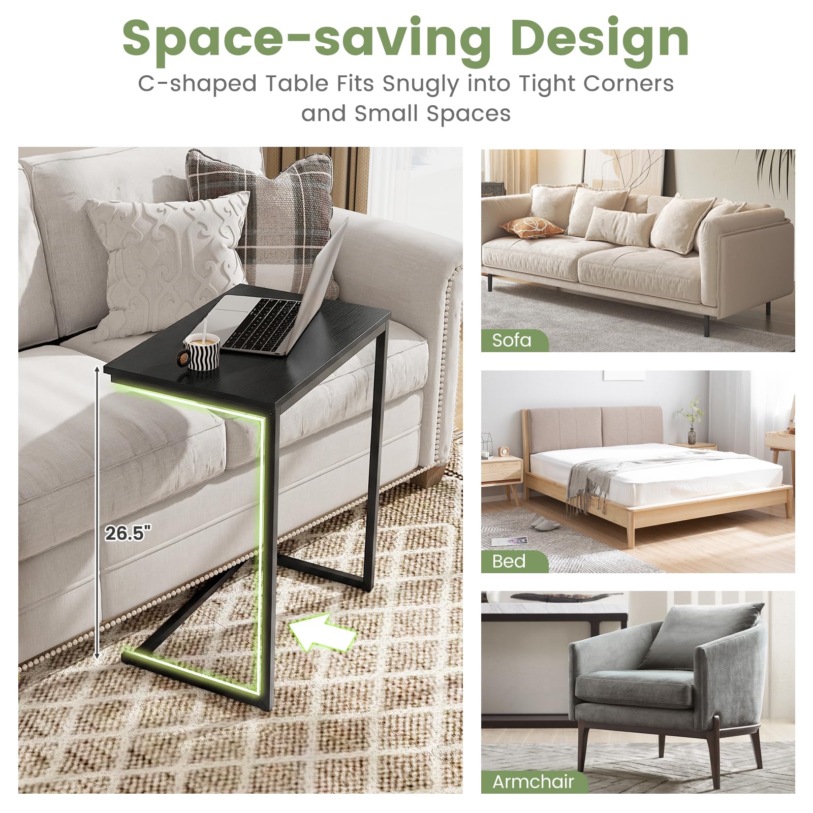 Tangkula 26.5" C-Shaped End Table for Bed