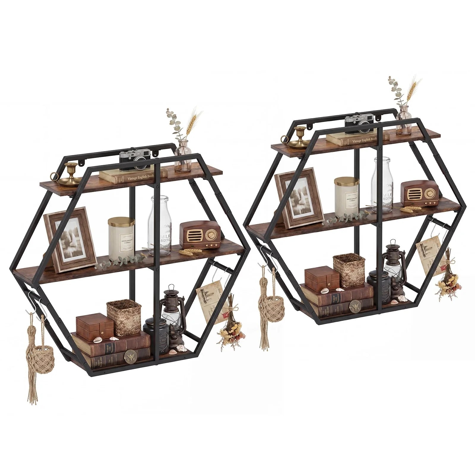 Tangkula Hexagon Wall Shelf with 4 S-Shaped Hooks & Heavy Duty Metal Frame