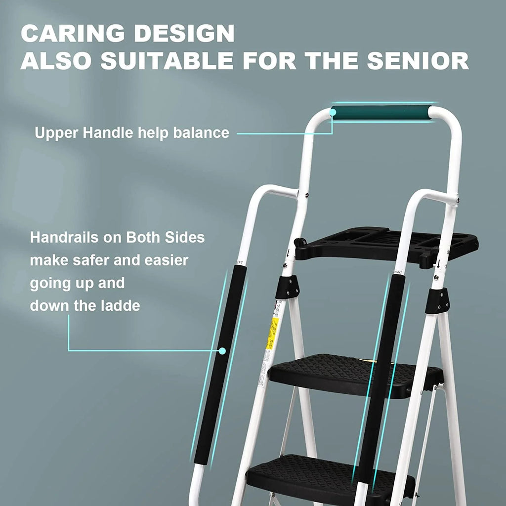 Hbtower Folding 5 - Step Ladder, 330 lb, with Handrails and Tool Tray and Anti - Slip Pedal, White