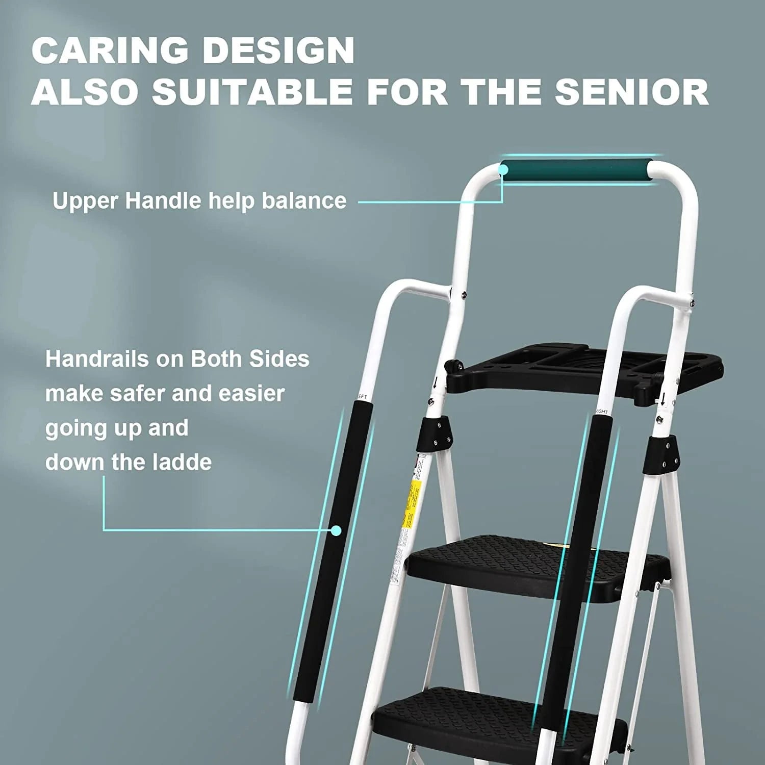 Hbtower Folding 5 - Step Ladder, 330 lb, with Handrails and Tool Tray and Anti - Slip Pedal, White
