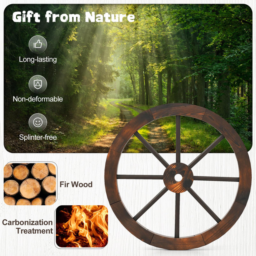 Tangkula 24 Inch Set of 2/4 Decorative Wooden Wagon Wheel Carbonized Solid Fir Wood