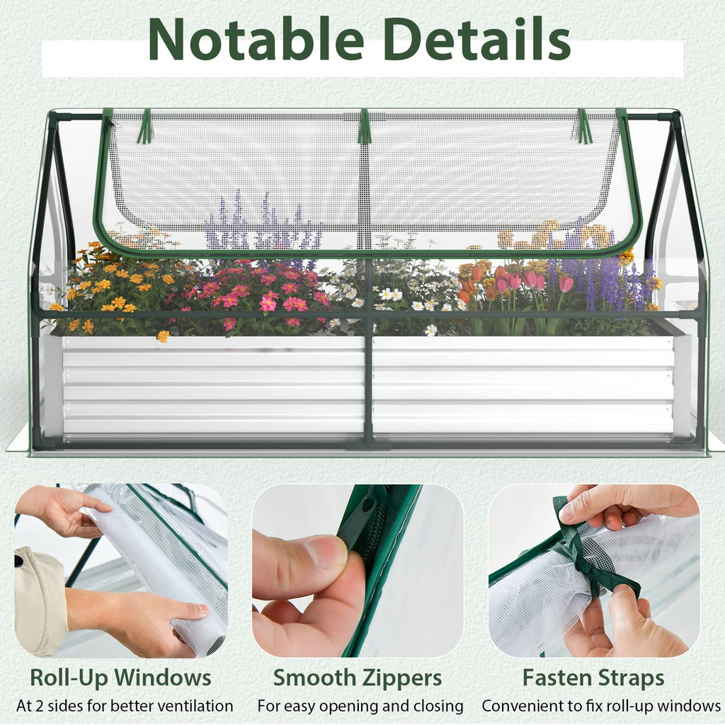 6FT x 3FT x 3FT Galvanized Bottomless Raised Garden Bed with Greenhouse, Dual 2-Tier Roll-Up Windows, Easy Venting & Watering