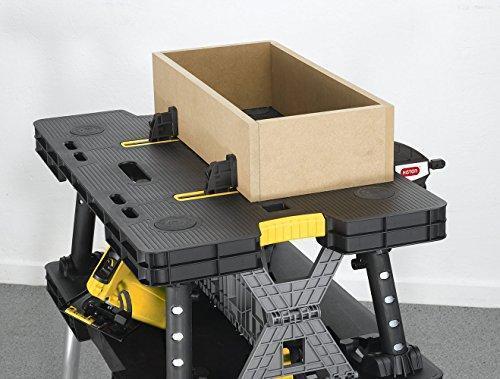 Keter ?C 197283 Folding Table Work Bench for Miter Saw Stand Woodworking Tools and Accessories with Included 12 Inch Wood Clamps ?C Easy Garage Storage Black/Yellow